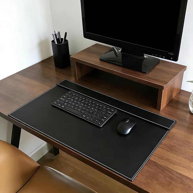 Fumete 31.5" x 17.7" PU Leather Desk Pad Mat, Large Waterproof Desk Blotter with Top Rail, Dual-use Writing Board & Mouse Pad for Office Home Desktop