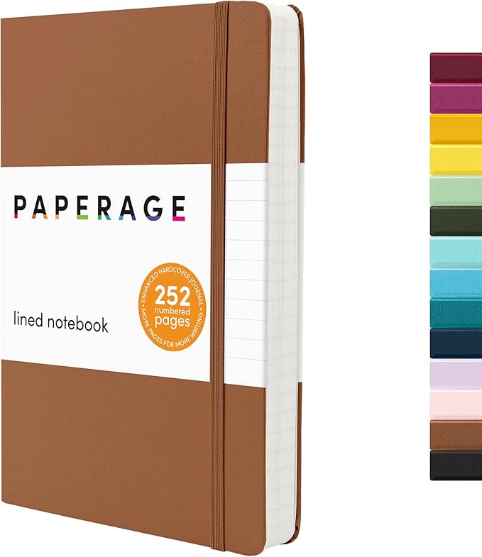PAPERAGE Lined Journal Notebook, Hardcover Journal for Women & Men, 252 Pages, (5.6 in x 8 in), College Ruled Journaling Notebook for Work, School Supplies & Note Taking, (Cognac)