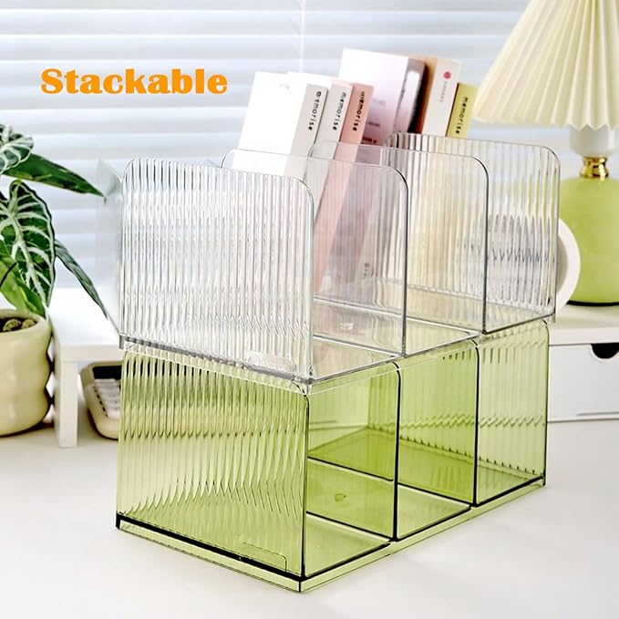 Versatile Acrylic Magazine File Holder, 3 Compartment Desk Document Organizer Sorter, Clear Bookends & Folder Rack for Classroom, Holds Tablet, Magazines, Files, Supplies & Accessories-2 Pack Green