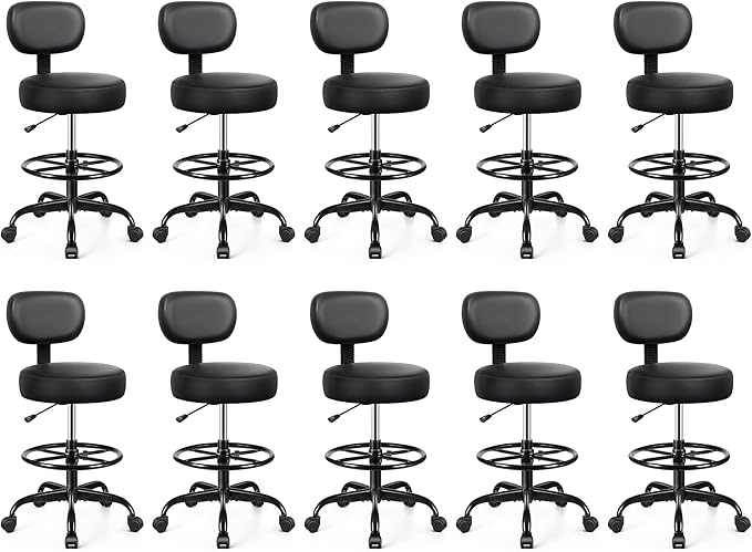Brick Attic Drafting Chair with Backrest – Adjustable Foot Rest Rolling Stool with Wheels, PU Leather Swivel Stool for Office Spa Studio Lab Counter Salon Home Work Bar Kitchen Shop(Black), Pack of 10
