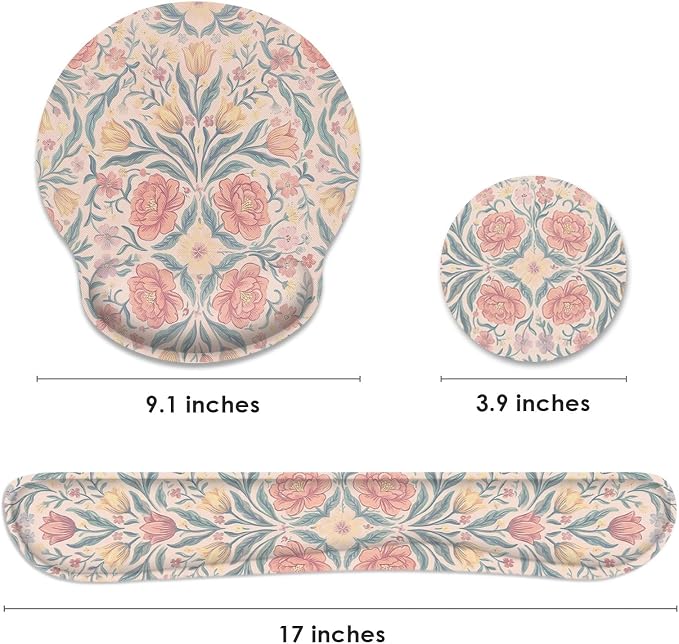 Britimes Pink Floral Vintage Boho Ergonomic Mouse Pad Set with Wrist Rest Non-Slip Rubber Base Wrist Cushion Support and Coasters Mousepad with Wrist Support for Computer Keyboard and Desk