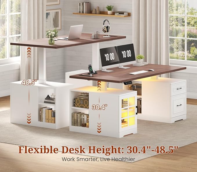UPOSOJA 63 in Executive Standing Desk, Electric Height Adjustable Desk with Storage Drawers, Glass Cabinet, Shelves, Power Outlet, LED Light, Wood Sit Stand up Computer Desks for Home Office (White)