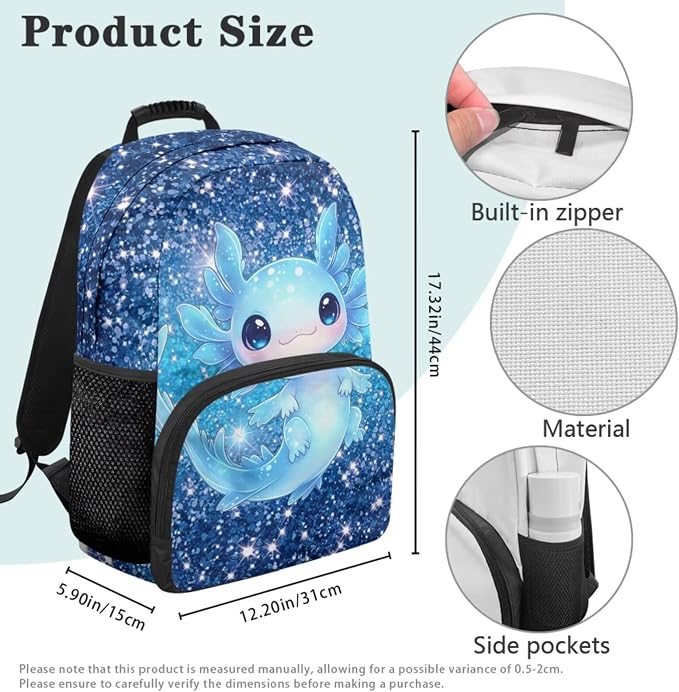 Blue Axolotl Backpacks for Elementary School Girls- 4 in 1 Cute Graphic Backpack with Lunch Box, Galaxy Space17 Inch Large Capacity Book Bag Kids Ages 6-8 Back to School