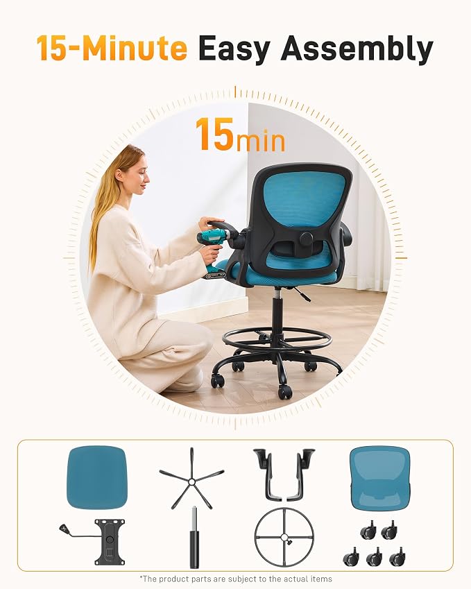 LukkDys Drafting Chair with Arms, Tall Office Chair for Standing Desks | Ergonomic lumbar pad, breathable mesh and foot ring support forward-leaning posture for sewing, crafts and daily studio work.