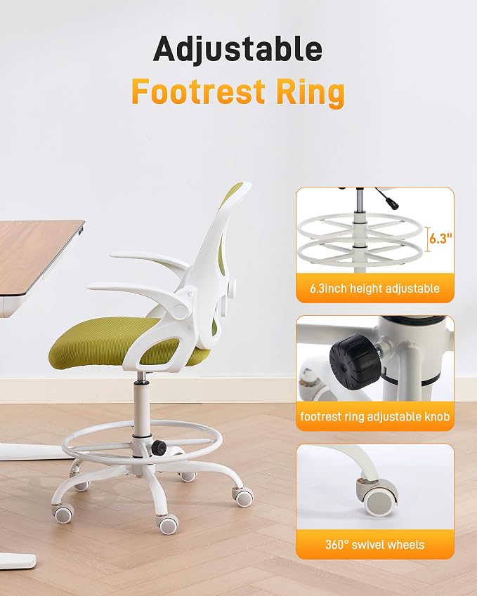 LukkDys Drafting Chair with Arms, Tall Office Chair for Standing Desks | Ergonomic lumbar pad, breathable mesh and foot ring support forward-leaning posture for sewing, crafts and daily studio work.