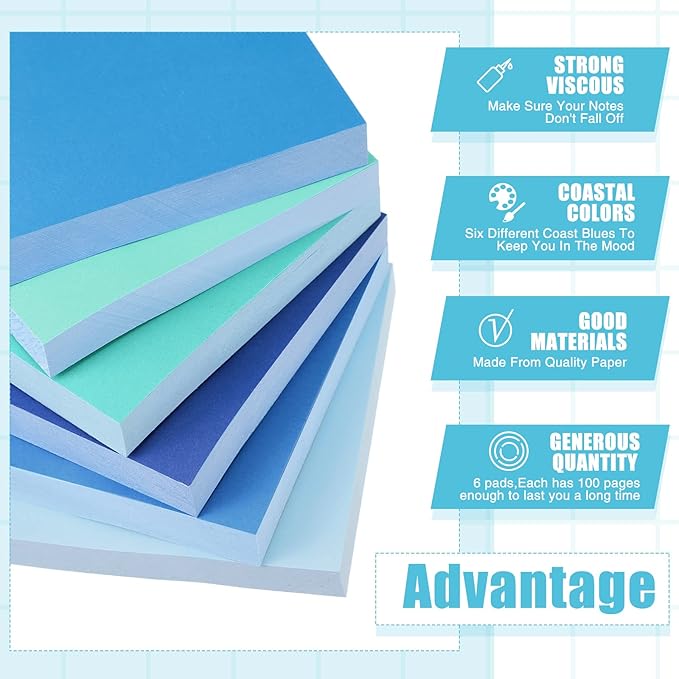 Sticky Notes 3 x 3 Inch Coastal Colors Self Stick Pads Blue Color Notepads Easy to Post for Home, Office, Notebook,100 Sheets/pad(6 Packs)