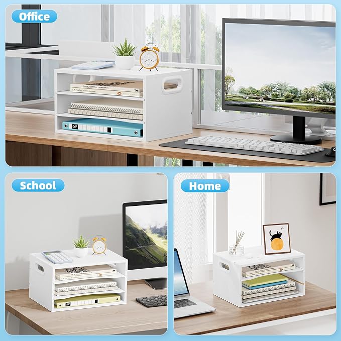 Marbrasse 3 Tier Wood Desk Organizer,Desk Paper Letter Tray Organizer，White | Wooden Desktop File Organizer with Handle and Paper Sorter Mail Holder for Office School & Home Supplies Organization