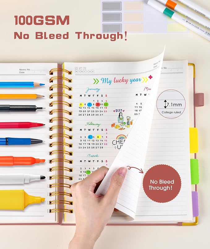 Hardcover Spiral Notebook Journal with Removable Dividers Tabs, 300 Pages Leather 5 Subject Notebook College Ruled, 8"x10" Large B5 Notebooks for Work School, Lined Journal for Women, Rose gold