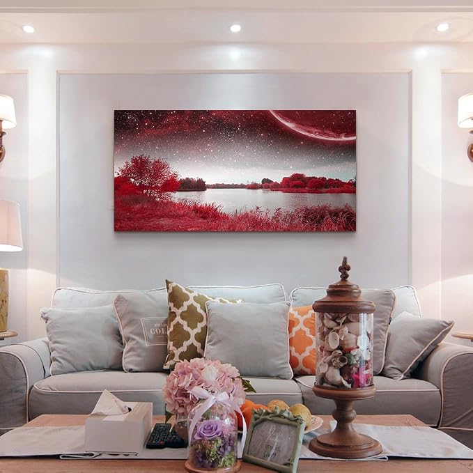 Print Artwork Wall Art Decor Poster for living room Red tree moon starry sky red landscape painting bathroom Wall Art for bedroom Canvas Prints Picture Works Ready to Hang Office Home decorations
