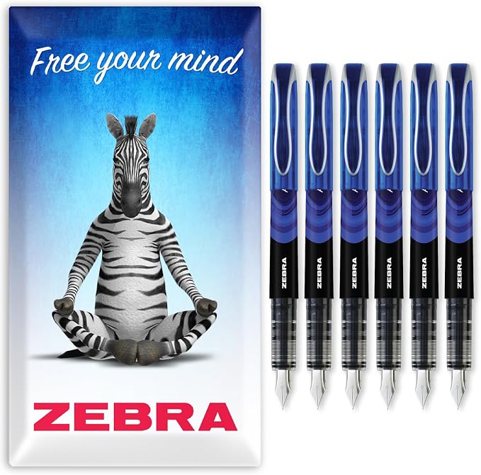 Zebra Fuente Pen - Disposable Fountain Pens - Pack of 6 - Blue Ink - In Zebra Envelope Gift Packaging