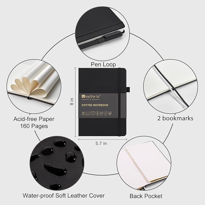 &And Per Se Dotted Journal and Pen Set, A5 Leather Hardcover Dotted Notebook, 160 Pages 100GSM Thick Paper Dot Grid Journal with Fineliner Pen (Black)