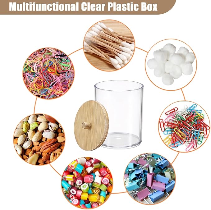 BTSKY 2 Pack Clear Paper Clip Holder with Bamboo Lid Plastic Paperclip Box Useful Office Supply Accessory Organizer Round Small Storage Holder Cute Qtip Holder for Office Bathroom Vanity