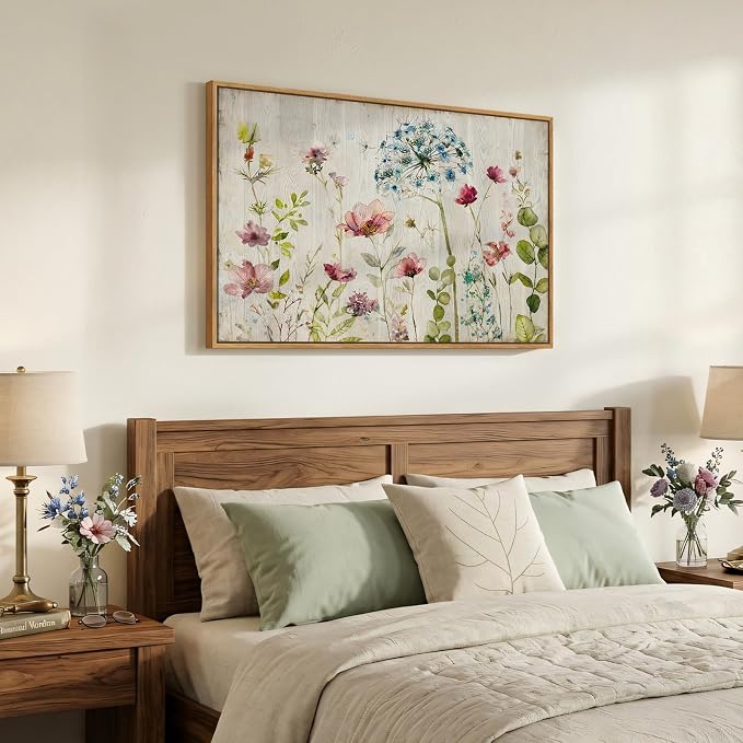 Framed Vintage Floral Wall Art, Rustic Colorful Flower Canvas Prints Artwork for Walls, Natural Watercolor Botanical Wildflower Pictures for Living Room Bedroom Dining Room Office Wall Decor, 24x36 In