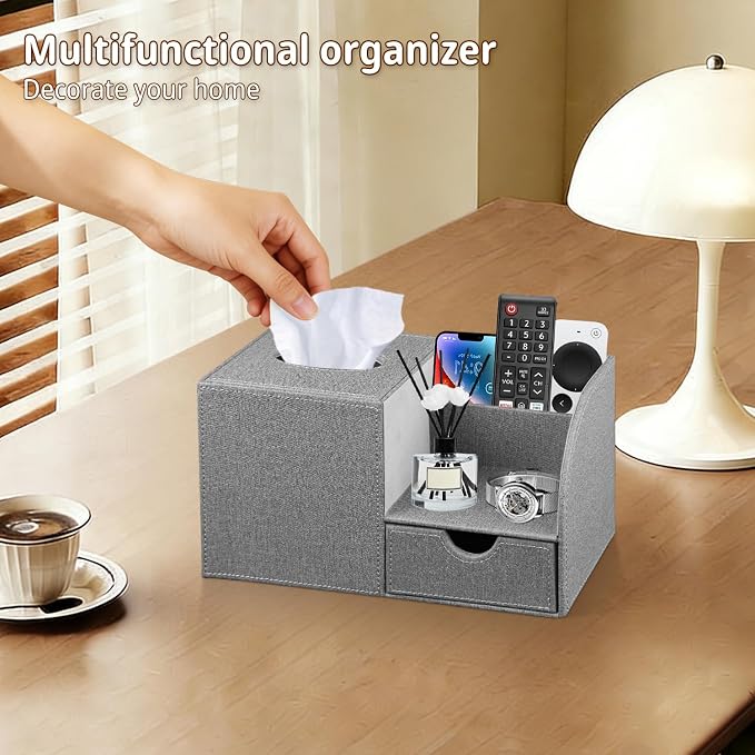 Nightstand Organizer with Tissue Holder,PU Leather Square Tissue Box Cover | Modern Facial Paper Organizer Storage Box for TV Remote Control,Bathroom,Vanity Countertop,End Table,Home and Office Decor