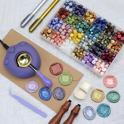 Frame Wax Seal Stemp Kit with 24 Colors Wax Seal Beads 624pcs， Electric WaxSeal Warmer, 3D Embossed Frame WaxSealStamp, Sealing WaxSpoon, WaxSeal Pen, Tweezer,WaxSeal Stamp kit (24B)