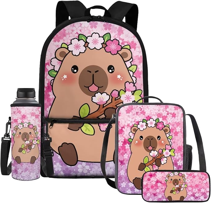 WELLFLYHOM Cute Capybara Elementary School Backpack for Girls, 4PCS Set Cherry Blossom Backpack with Lunch Box for Kids 6-11, 17 Inch Bookbag with Adjustable Strap for All Day School