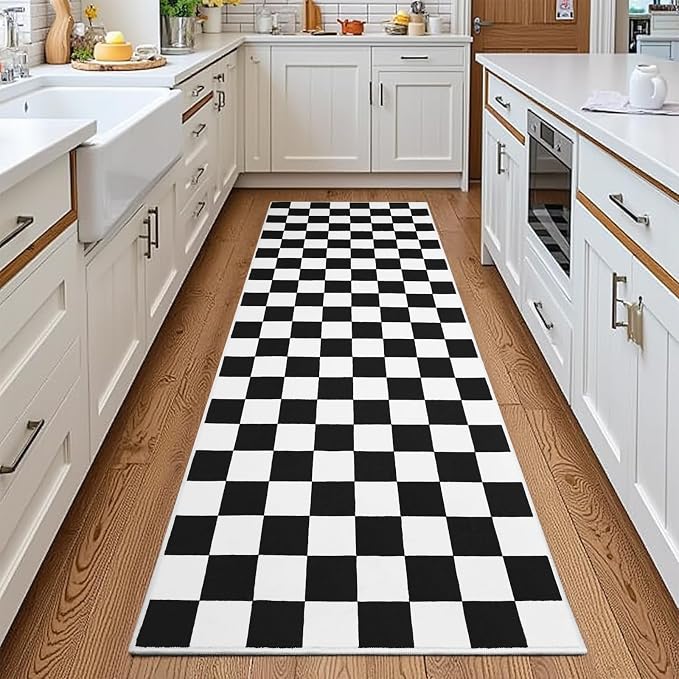 Terrug Black and White Checkered Area Rug for Kitchen,2x6 Runner Rugs Washable with Non Slip for Bedroom,Soft Low Pile Stain Resistance Retro Carpet for Entryway Hallway