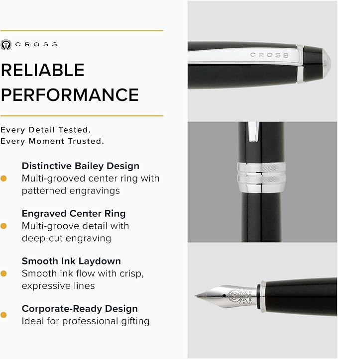 Cross Bailey Refillable Fountain Presented in a Premium Gift Box - Medium Point, Black Ink, Black