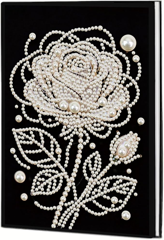FRANDEK Pearl Painting Notebook Kit, Black and White Rose A5 DIY Journal with 50 Blank Pages, Diamond Gem Art Cover with Waterproof Canvas, Beginner Craft Set with Full Tools for Adults