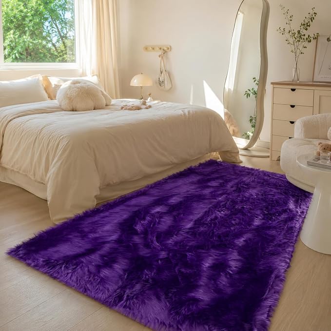 EasyJoy Faux Sheepskin Rug, Fluffy Faux Fur Rug, Ultra Soft Shag Area Rug with Non-Slip Backing for Bedroom, Living Room, Nursery, Kids Room(4 x 6 ft Rectangle, Dark Purple)