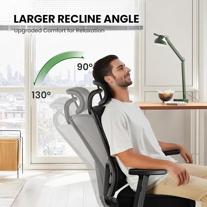 Marsail Ergonomic Office Chair with Lumbar Support,2D Headrest, Adjustable Armrests, Contoured Seat Cushion,Desk Chair with Wheels for Home and Office