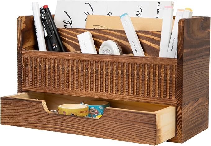 Rustic Brown Wood Desktop Stationery Organizer Mail Sorter Office Supplies Multiple Compartments Bottom Storage Drawer Wooden Caddy Pencil Holder Pen Scissors Tabletop Home Studio Workstation