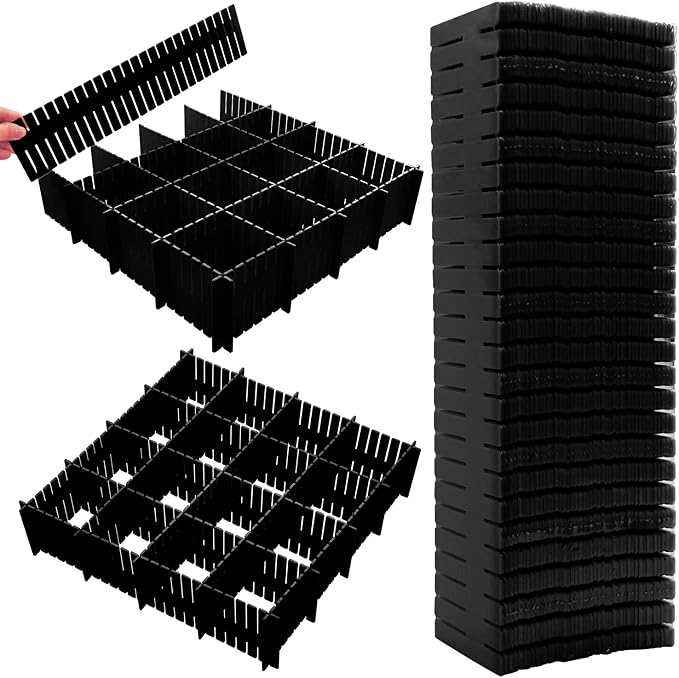 85Pcs Drawer Dividers, Adjustable Drawer Organiser, Cut at Will for Tidying Clutter Clothes, Socks, Makeup, Dresser, Kitchen Black