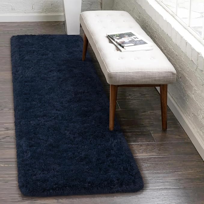 HOMORE 2'x6' Runner Rugs for Bedroom, Navy Blue Ruuner Rug for Hallway Entryway Laundry, Modern Shag Bedroom Runner Cute Carpets for Kids Dorm Bedside