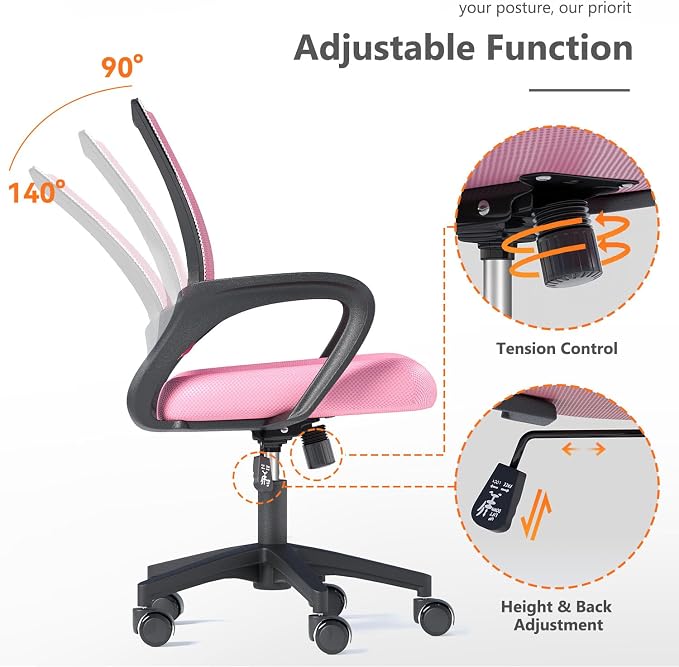 OS MOTOR Ergonomic Mid-Back Mesh Office Chair (Pink) | Lumbar Support, Adjustable Height, Swivel Rolling Design, Comfy Armrest, Home, Office, Work, Study, Gaming, Vanity