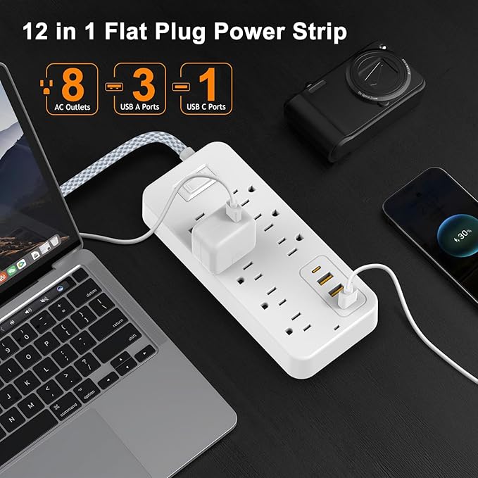 Power Strip Power Bar, Muti-Outlets Ports Desktop Charging Station, Flat Plug Overload Surge Protection Outlet Strip, USB Ports, Extension Cord, Wall Mount, Night Light Station Socket,for Home,Office