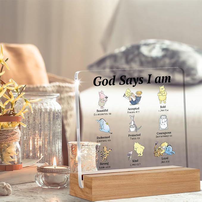 Pooh Bear Gifts for Women Christian Gifts Inspirational Gift God Says Pooh Clear Desk Decorative Sign Acrylic Sign With Wooden Stand for Office Desk Table Shelf