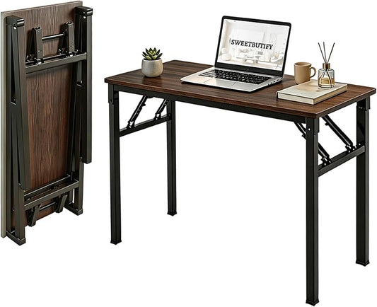 Folding Desk, 39 Inch Foldable Computer Table No Assembly Required,Black Walnut Small Desk for Home Office,Space-Saving Table for Bedroom, Dorm, RV