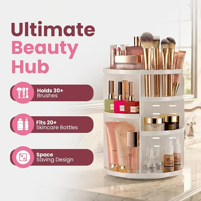 Masirs 360 Rotating Makeup Organizer Countertop, Adjustable Shelf, White | 360-Degree Rotating Makeup Organizer, Adjustable Shelf Height, Cosmetic Perfume Skincare Storage, Vanity Countertop, White