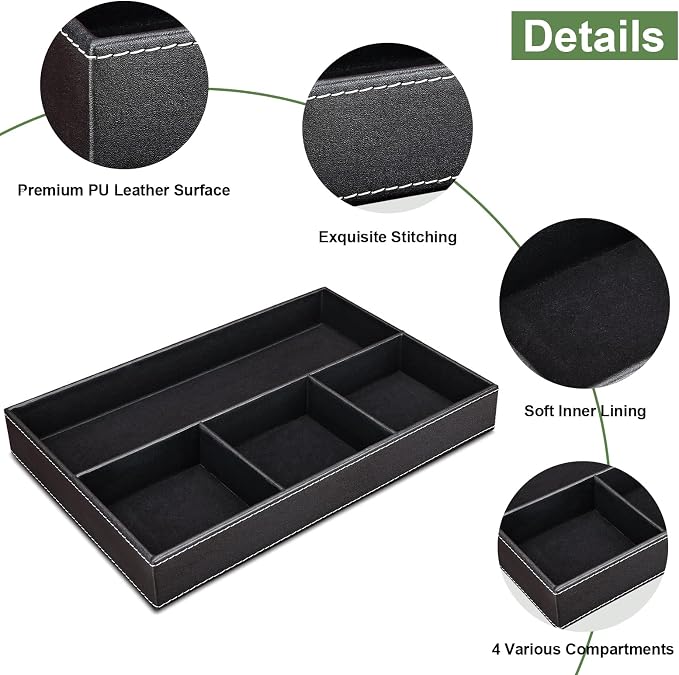 GORESE 2 Pieces Faux Leather Valet Tray for Men, Stackable Jewelry Organizer for Drawers, Nightstand Caddy Tray for Key, Wallet, Sunglass, Watch, Coin, Phone, Bedside Desk-top Storage Black