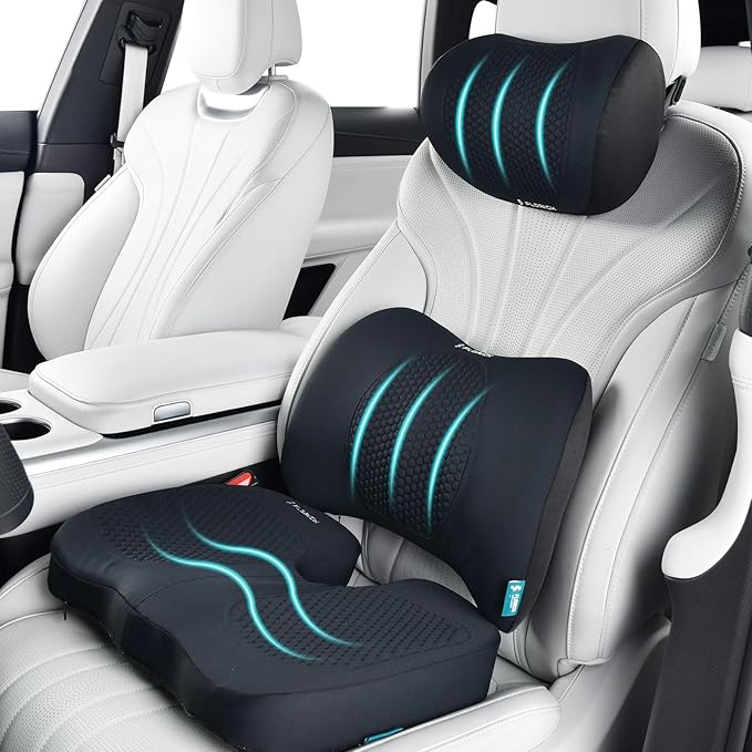 FLORICH 3 PCS Seat Cushion for Carseat Lumbar Support Pillow Car Neck Headrest Pillows Memory Foam Gel Memory Foam Massage Point Seat Pads Pressure Relief Back Cushion for Office Chair(Light Black)