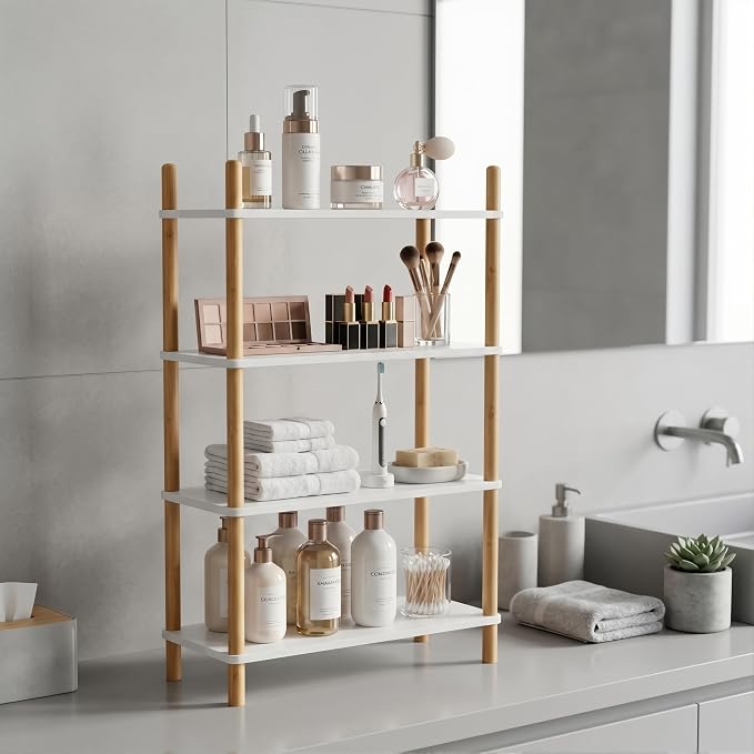 4-Tier Bamboo Coffee Bar Organizer,Coffee Bar Accessories, Mul-tifunctional Wooden Beaded Coffee Station Countertop Stand Shelf for Kitchen Home Office,Counter Riser Display Shelf for Top of Desk Home