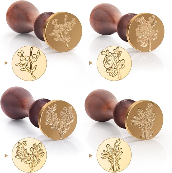 Flower and Plant Wax Seal Stamp Set, Botanical Sealing Stamper Kit, Romantic Rose Elegant Lavender Eucalyptus Leaf Cosmos Floral Pattern Brass Head for Wedding Invitation Card Envelope Planner Journal