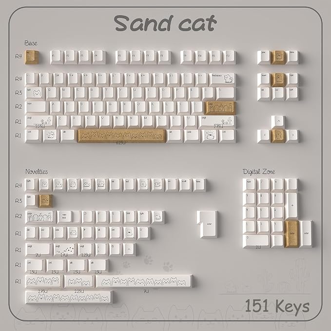 PBT Cute Cat Keycaps, Milk White Dye-Sublimation Keycap, 151 Keys Cherry Profile Keyboard Keycaps Set, Sand Dune Cat Custom Key Caps for Cherry MX Switches Mechanical Gaming Keyboard