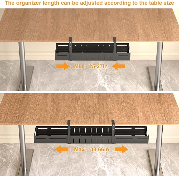 Under Desk Cable Management Tray Black | Expandable 25.27"-38.66", Sturdy Steel Desk Cord Hider Raceway for Office/Home