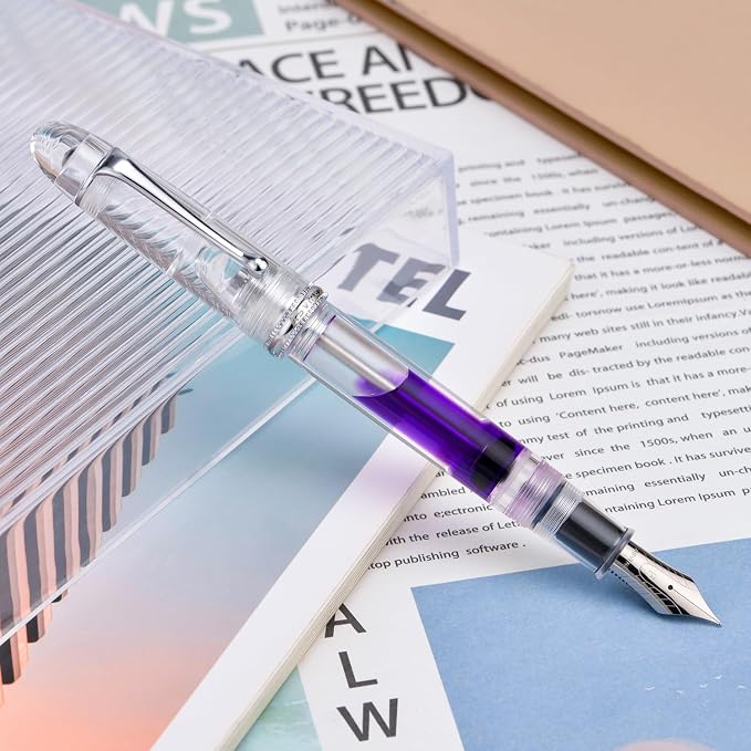 Asvine V800 Fountain Pen - Vacuum Filling System with Large Ink Capacity - Smooth Number 8 Stub Nib 1.1mm Calligraphy Art Drawing with Gift Case and Wrench - Clear Silver Acrylic