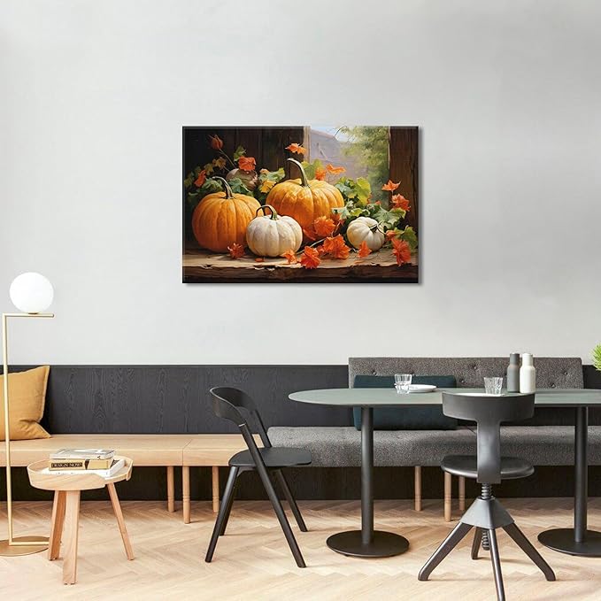 Vintage Pumpkin Canvas Wall Art Fall Pictures Halloween Maple Leaf Autumn Decor Thanksgiving Wall Prints Rustic Framed Wall Decor Modern Artwork for Living Room Kitchen Bedroom Home Decorations 32x48”