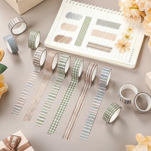 12 Rolls Watercolor Floral Washi Tape Set 15 mm Vintage Flower Decorative Masking Tape for Summer School Arts DIY Craft Scrapbook Journal Supplies Gifts(Watercolor,Stripes and Plaid)