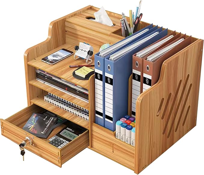 Bamboo Desk Organizer, Desktop Wood Bookshelf File Organizer, Pen Holder and Tissue Holder, 1 Drawer with lock for Office, Home, Need to Install(Cherry Wood)
