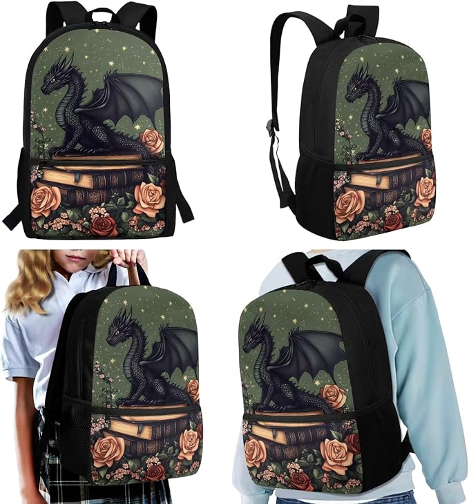 WELLFLYHOM Girls Dragon School Backpack with Lunch Box, 17 Inch 4PCS Green Backpack Set for Elementary Kids 6-11, Reduce Shoulder Pressure for Child, Back to School Supplies