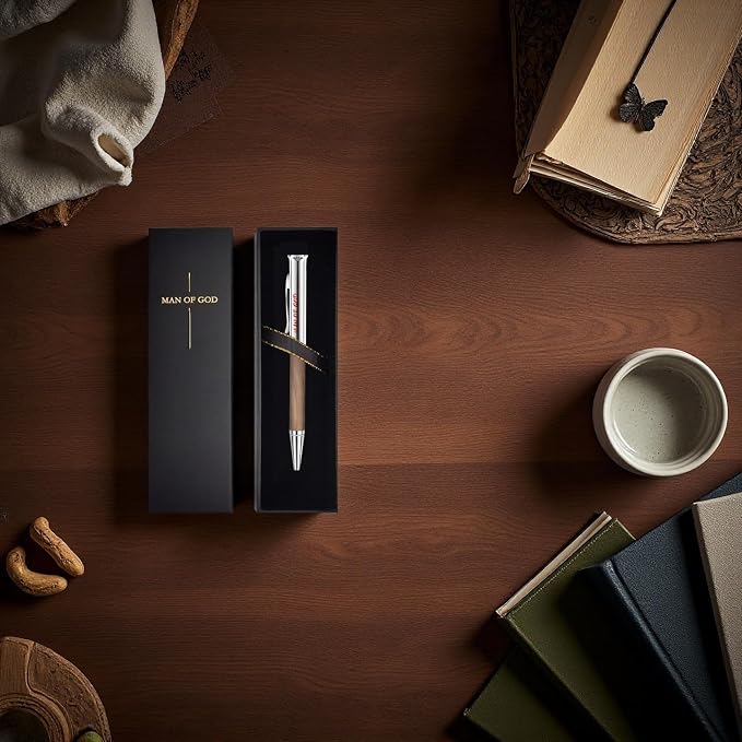 Christian Gifts for Men: Engraved Man of God Luxury Walnut Wood Rollerball Pen - Perfect Pastor Appreciation, Father's Day & Christian Graduation Gifts 2pcs