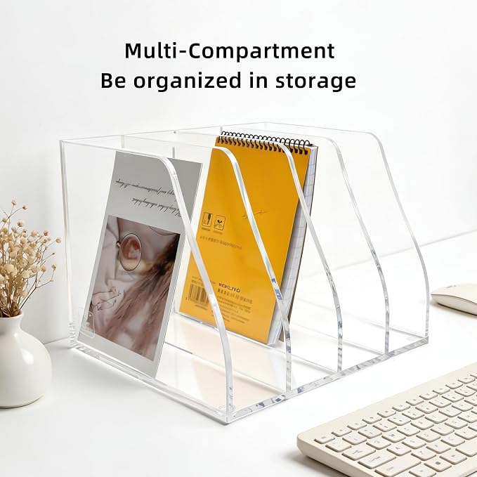 Clear Acrylic Magazine File Holder, 4 Compartment Desk Organizer | 4 spacious vertical compartments hold magazines, files, books & more. 5mm thick clear acrylic, non-slip base. No assembly.