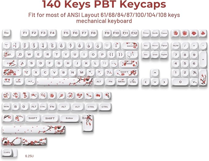 XVX MOA Profile Cherry Blossom PBT Keycaps, 140-Key Dye-Sub Keycaps for ANSI/ISO Layout (Compatible with Cherry MX Switches & GK61/68/87/96/104/108, Includes 6.25u Spacebar)