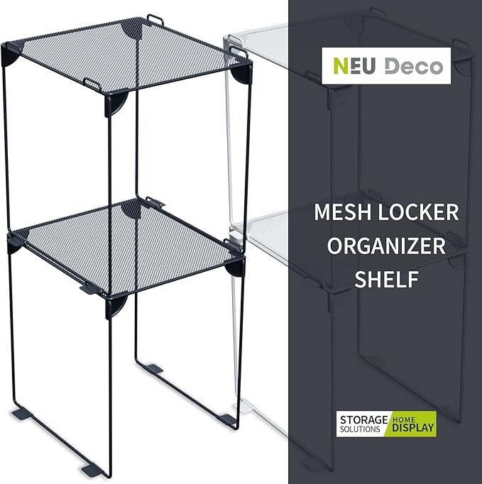 Neudeco Pack 2 Mesh Locker Shelf, Grey | Stackable, Extra Tall, Collapsible, Metal Build, Fits Standard Size School Locker