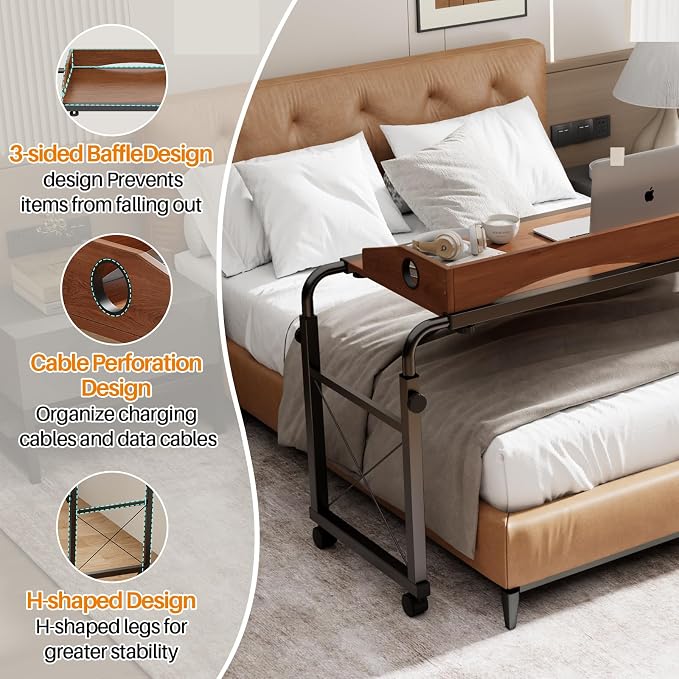 BYMECOST Laptop Desk for Bed, Adjustable Height & Length Laptop Bed Table | Overbed Table with Wheels for Queen Size Beds,Rolling Standing Desk,Over Bed Desk for Working Reading Eating