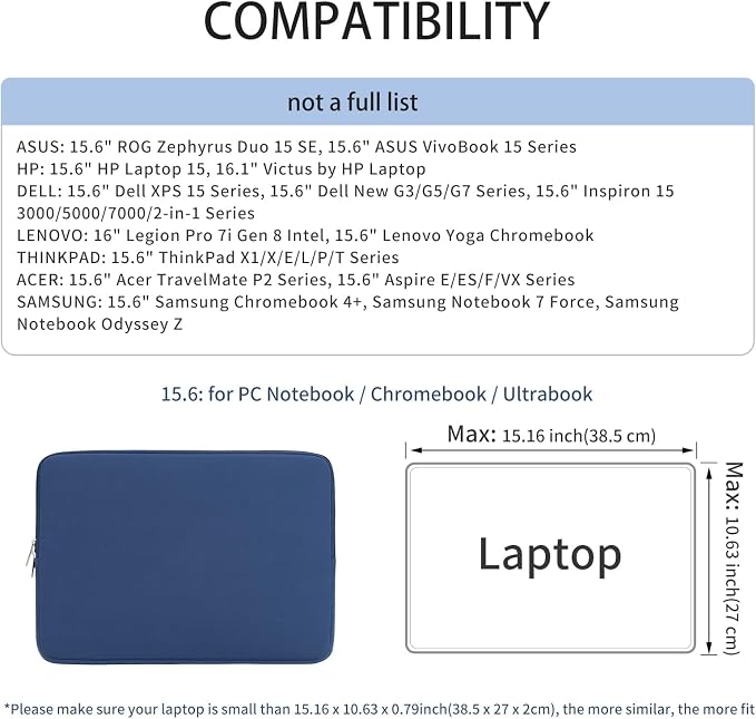 RAINYEAR 15.6 Inch Laptop Sleeve Protective Case Soft Carrying Zipper Bag Cover Compatible with 15.6" Notebook Computer Ultrabook Chromebook (Navy Blue)